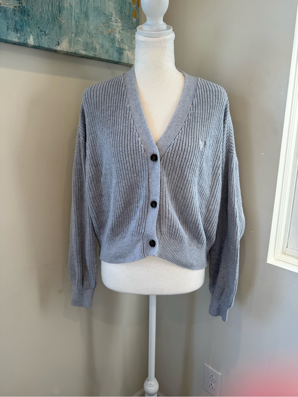 TNA Light Gray V-Neck Ribbed Button Cardigan